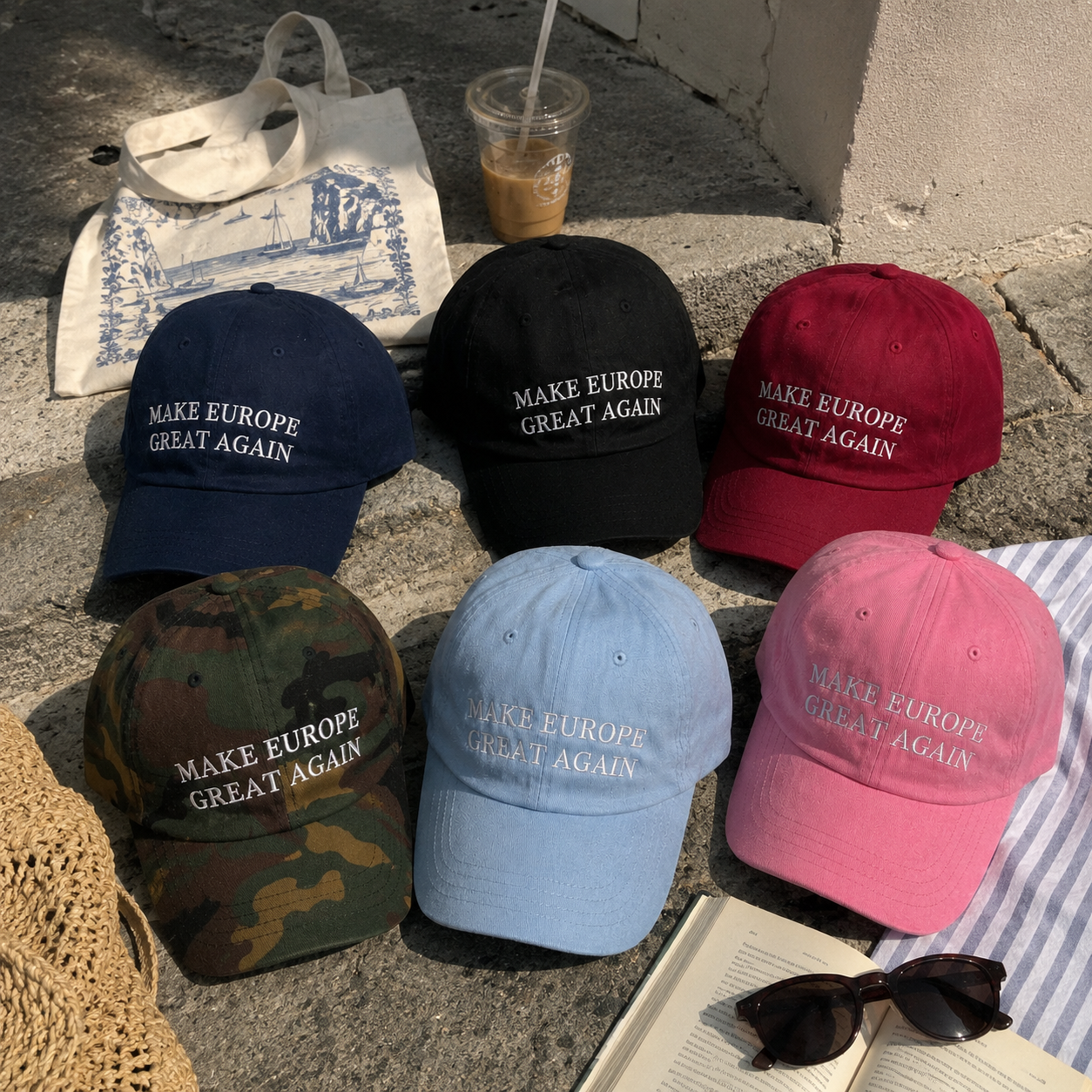 Make Europe Great Again caps laid out on Mediterranean cobblestones