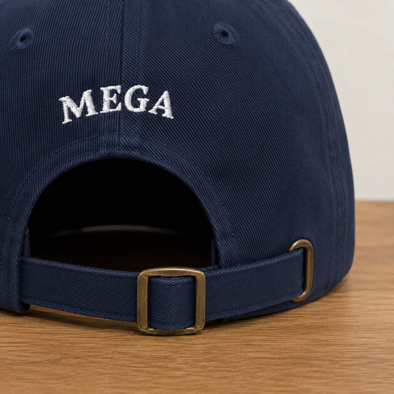 Back of the cap showing MEGA embroidery and antiqued brass adjuster clasp