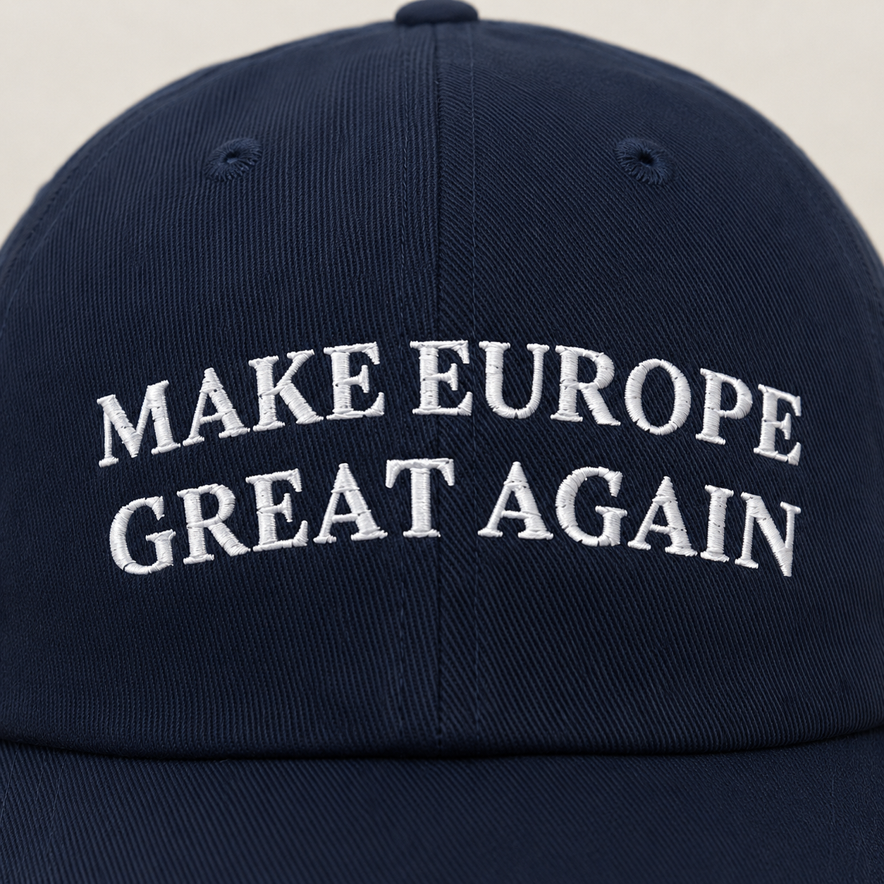 Close-up of the heavyweight 3D embroidered MAKE EUROPE GREAT AGAIN front panel